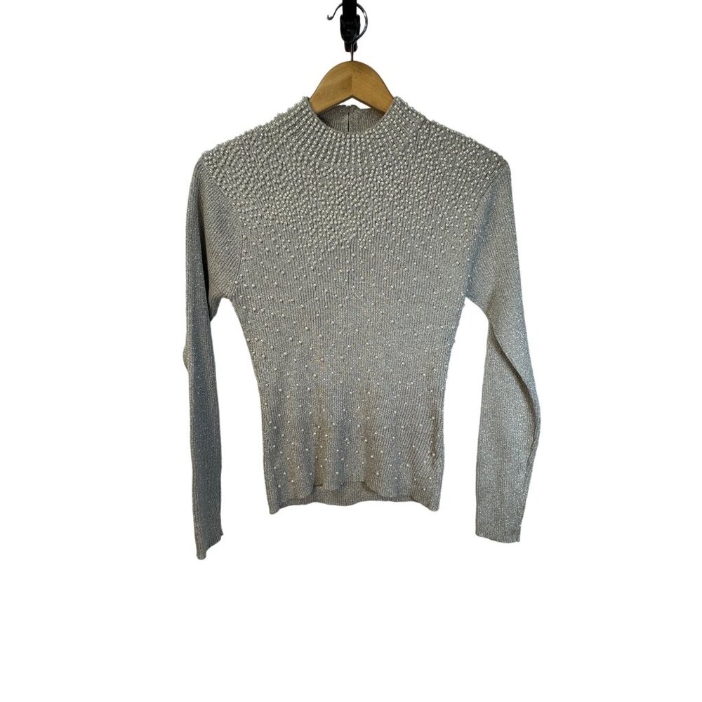 Fitted vintage heavily pearl beading silver shiny zipper back slight turtleneck